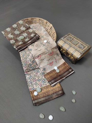 Beige Pastel Pavo and Bovidae Fine Border Tussar Saree FBS2